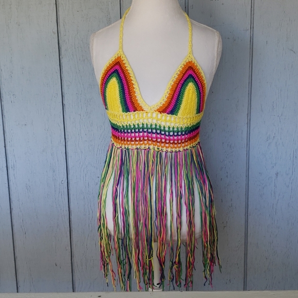 Tassels Crochet Bikini Top. Sexy Colorful Rainbow - Picture 2 of 14
